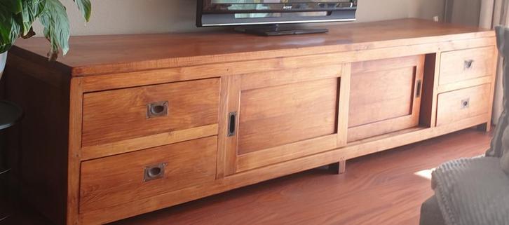 TV dressoir  |  Massief hout  |  250 cm, Huis en Inrichting, Kasten | Dressoirs, 200 cm of meer, Ophalen