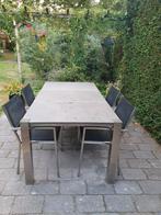 4 seasons tuintafel met 6 RVS stoelen en 2 voetenbankjes, Ophalen, Gebruikt, 6 zitplaatsen, Rvs
