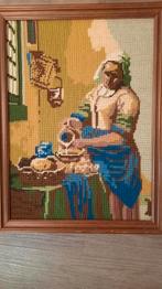 Vintage geborduurd schilderij melkmeisje, Antiek en Kunst, Ophalen of Verzenden