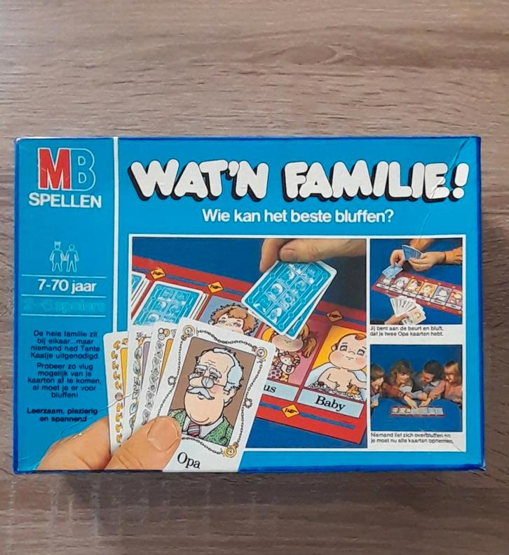Wat 'n familie - vintage spel van MB, Hobby en Vrije tijd, Gezelschapsspellen | Overige, Zo goed als nieuw, Een of twee spelers