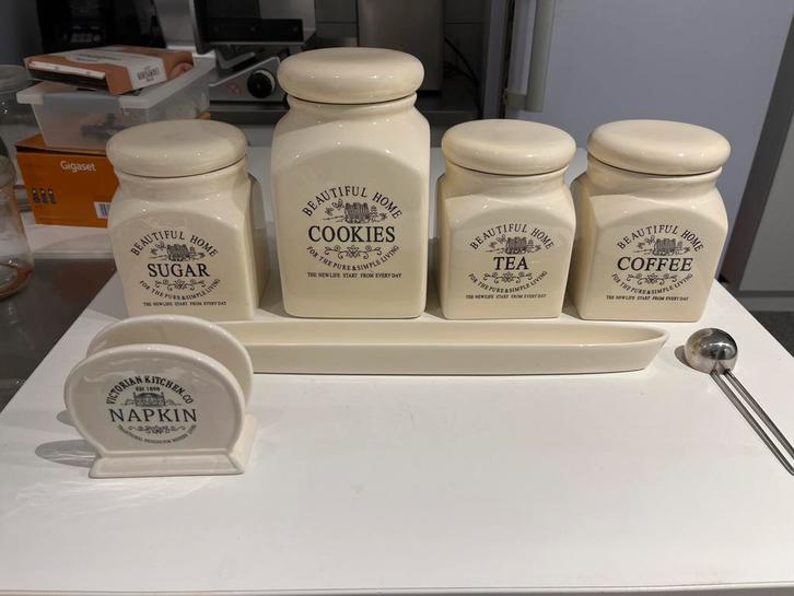 Koffie & Thee Voorraadset + Servettenhouder, Huis en Inrichting, Keuken | Keukenbenodigdheden, Zo goed als nieuw, Ophalen