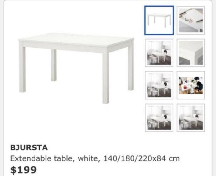White extendable table – IKEA BJURSTA, Huis en Inrichting, Tafels | Eettafels, Gebruikt, 50 tot 100 cm, 100 tot 150 cm, Vijf personen of meer