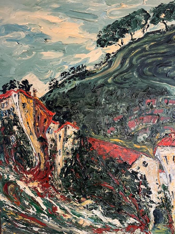 Schilderij olieverf dorp berglandschap, Antiek en Kunst, Kunst | Schilderijen | Abstract, Ophalen of Verzenden