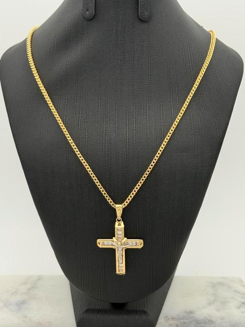 Prachtige 14 karaat vossenstaart ketting met kruis 65 cm, Sieraden, Tassen en Uiterlijk, Kettingen, Nieuw, Goud, Goud, Met hanger