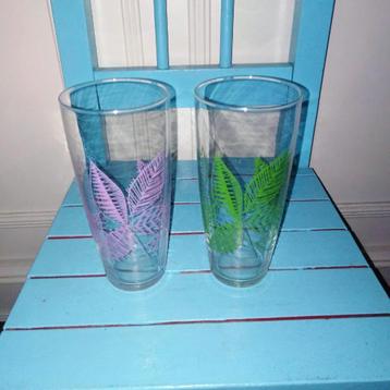 Limonade glazen met blad print roze en groen 2 stuks beschikbaar voor biedingen