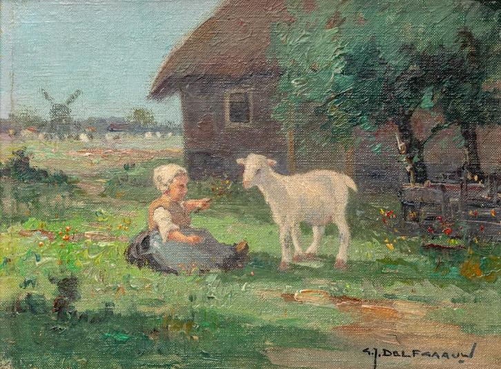 Gerard Delfgaauw, kind speelt met een lammetje in het gras, Antiek en Kunst, Kunst | Schilderijen | Klassiek, Ophalen of Verzenden