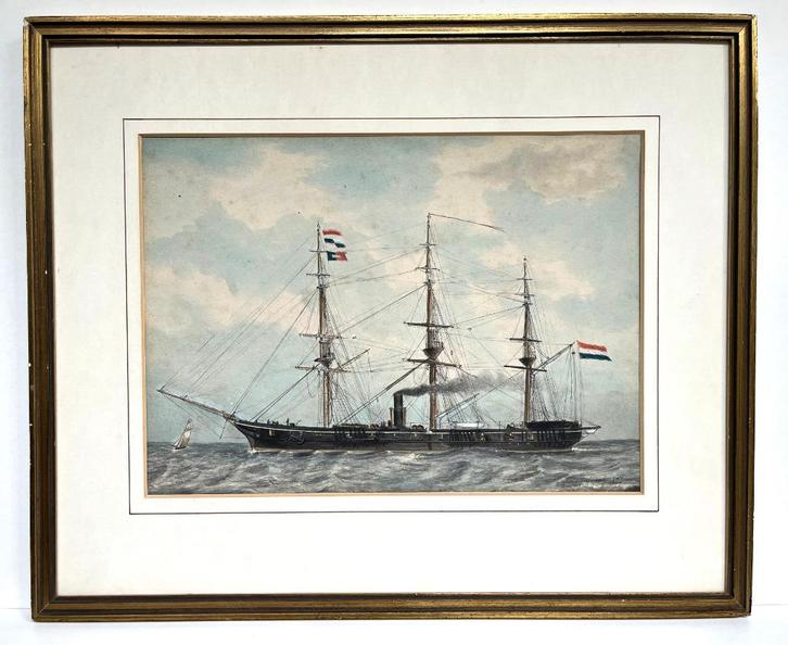 Gouache 1877 J.J. Hissing Schroefstoomschip Zilveren Kruis, Verzamelen, Scheepvaart, Gebruikt, Overige typen, Zeilboot, Ophalen of Verzenden