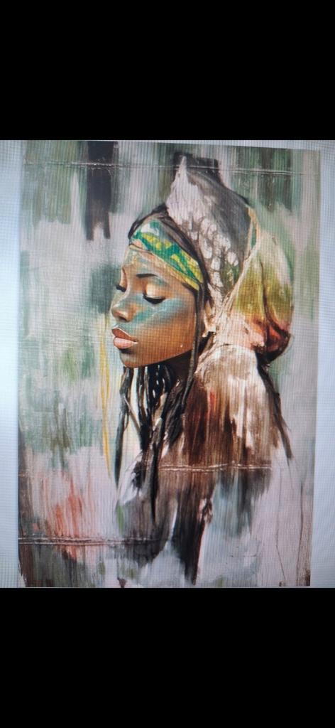 Indiaanse vrouw acryl schilderij 100 x 75 cm, Antiek en Kunst, Kunst | Schilderijen | Abstract, Ophalen of Verzenden