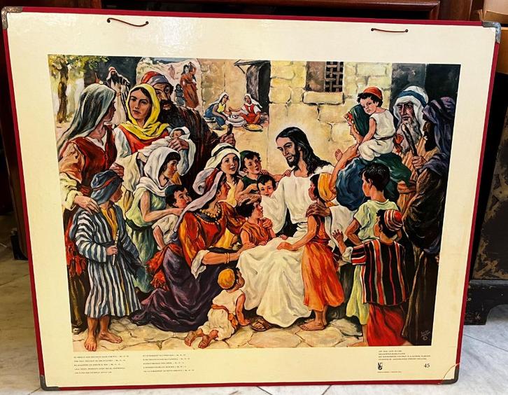 Oude schoolplaat nr. 45: Kinderen bij jezus *, Antiek en Kunst, Antiek | Schoolplaten, Ophalen