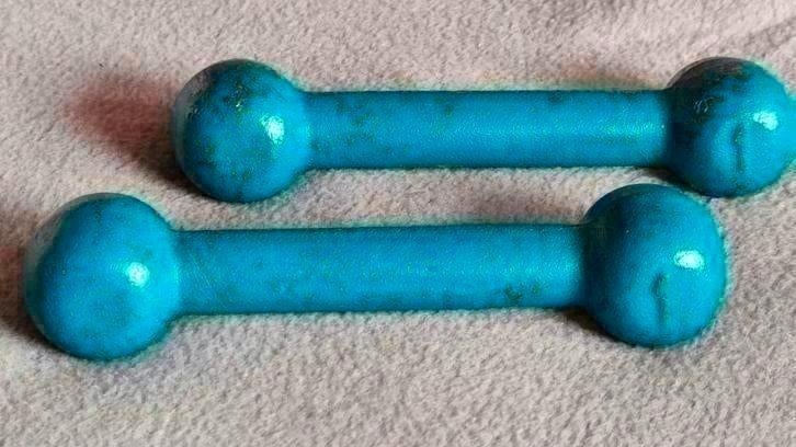 2 vintage gietijzeren dumbbells - gewichten - halters - 1kg, Ophalen of Verzenden, Buik, Dumbbell