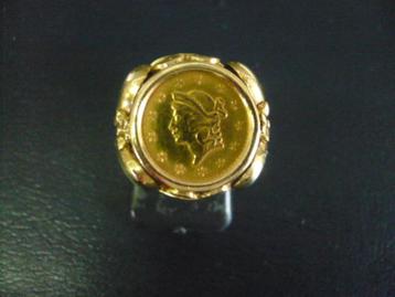 14 krt. gouden ring met gouden muntje 1 $ hoog gehalte goud  beschikbaar voor biedingen