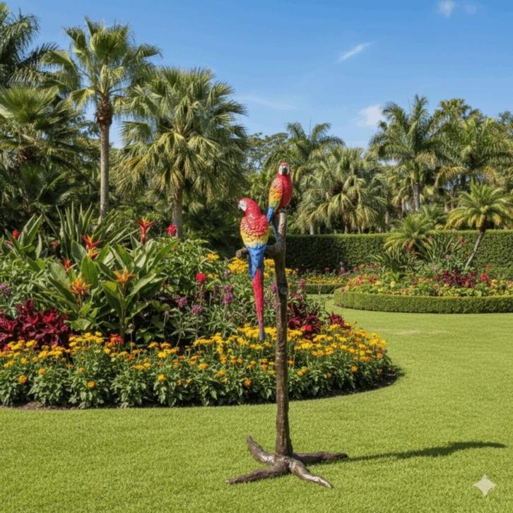 Beeld Tuinbeeld Bronzen papegaaien, 1,30 m Art. Nr.: 27533, Tuin en Terras, Tuinbeelden, Nieuw, Metaal, Ophalen