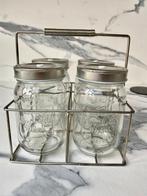 4x glazen drinkbekers zilvergrijze dop met container, Glas of Glazen, Ophalen of Verzenden, Overige stijlen, Glas