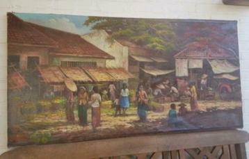 Prachtig groot olieverf schilderij Indonesië Pasar R. Hadi.