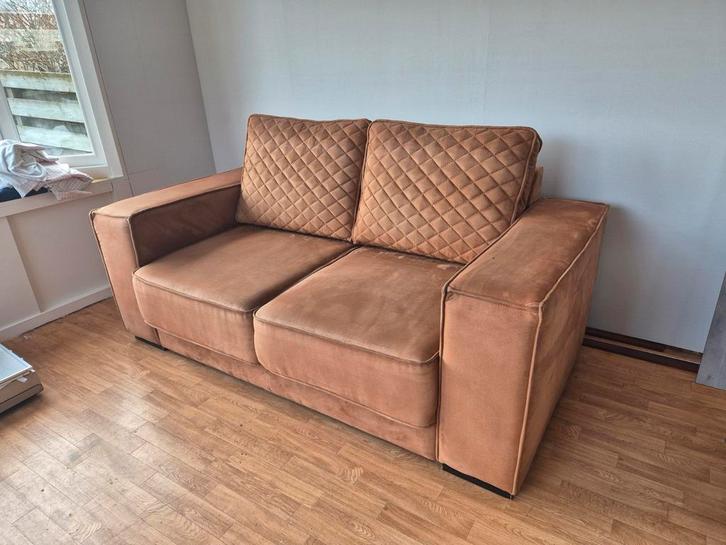2 zits bank met 2 stoelen cognac kleur, Huis en Inrichting, Banken | Bankstellen, Gebruikt, Rechte bank, Tweepersoons, 150 tot 200 cm