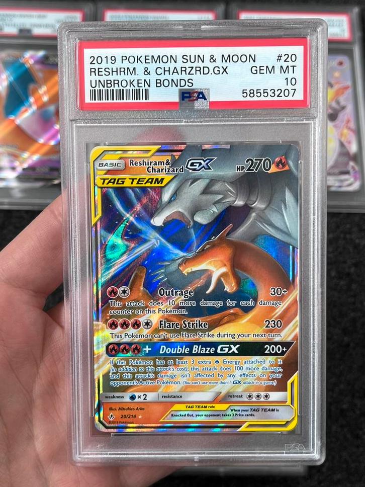 Pokémon PSA 10 Reshiram & Charizard GX #20 Unbroken Bonds, Hobby en Vrije tijd, Verzamelkaartspellen | Pokémon, Zo goed als nieuw