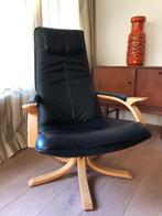 Stoel vintage Scandinavisch design jr 60, 70 zwart leer hout, Ophalen, Gebruikt, Zwart, Hout