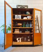 Vintage/Industriële diep groene schoolkast,Buffetkast, Gebruikt, 100 tot 150 cm, Ophalen of Verzenden, Glas