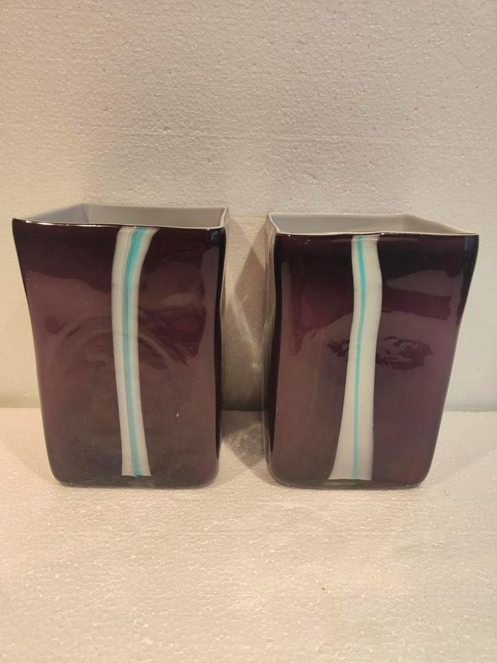 2 VINTAGE ART GLASS STUDIO PAARS BLAUW WITTE VAZEN, Antiek en Kunst, Antiek | Vazen, Verzenden