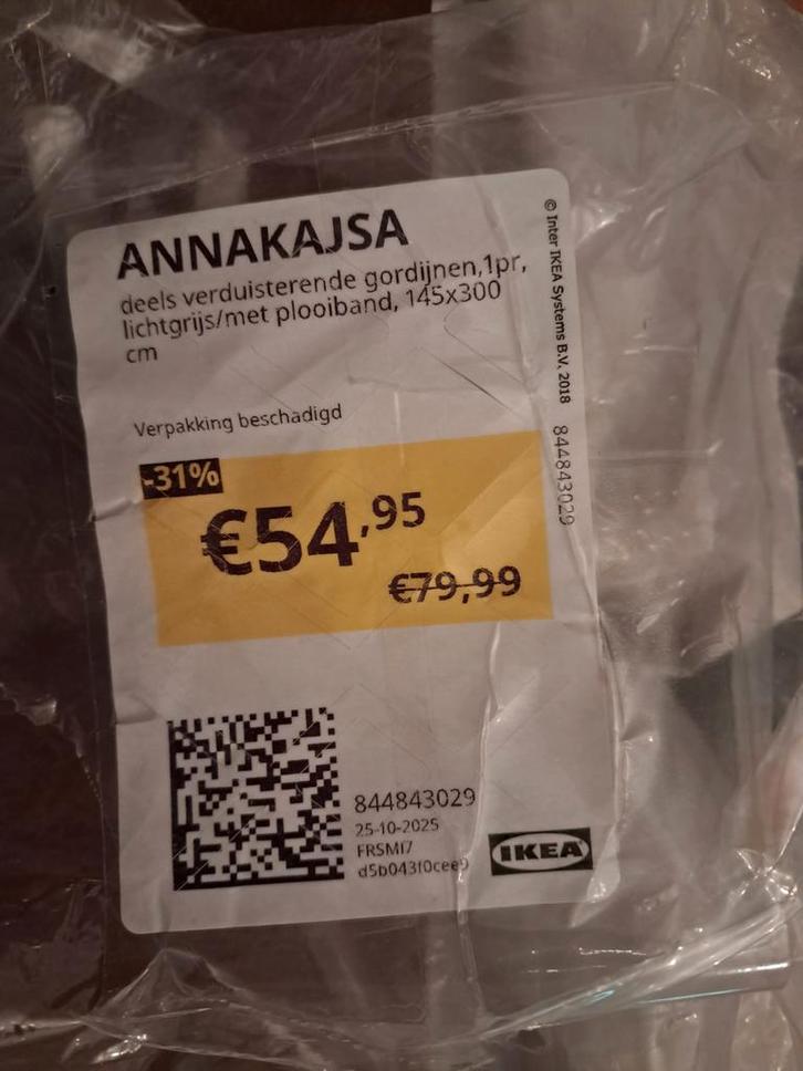 Ikea Annakajsa gordijn lichtgrijs met plooiband, Huis en Inrichting, Stoffering | Gordijnen en Lamellen, Zo goed als nieuw, 200 cm of meer