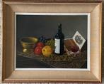 Olieverf op paneel stilleven met fles wijn fruit en sigaren, Antiek en Kunst, Kunst | Schilderijen | Klassiek, Ophalen of Verzenden