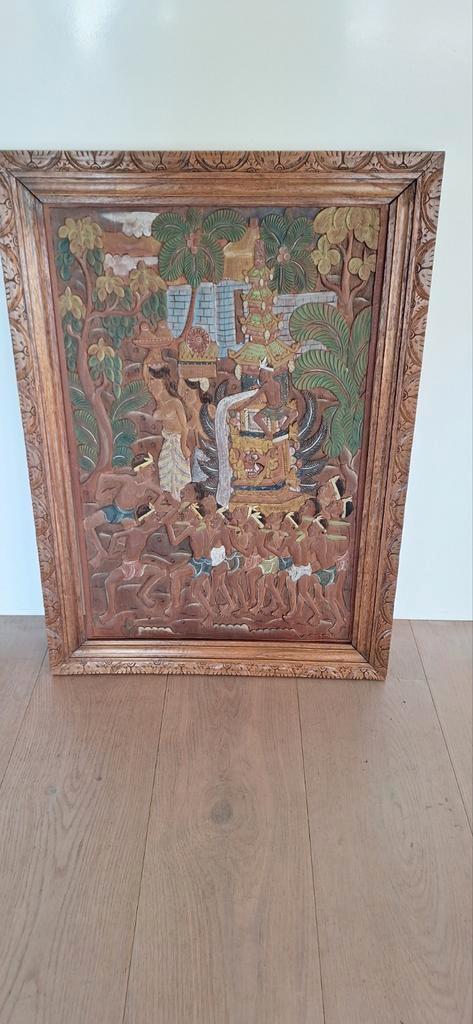 Houten Wandpaneel met Balinese Voorstelling, Antiek en Kunst, Kunst | Niet-Westerse kunst, Ophalen of Verzenden