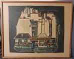 Linosnede Stadsgezicht Toon Wegner 1963 hxb: 33,4 x 39,4 cm., Antiek en Kunst, Kunst | Litho's en Zeefdrukken, Ophalen of Verzenden