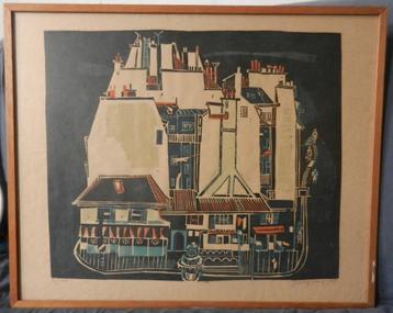 Linosnede Stadsgezicht Toon Wegner 1963 hxb: 33,4 x 39,4 cm. beschikbaar voor biedingen
