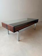 Vintage salontafel Topform glas rvs palissander jaren 60, Gebruikt, Midmod, Glas, Ophalen of Verzenden