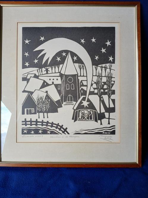 Linosnede ‘Kerstmis in de Kempen’., Antiek en Kunst, Kunst | Etsen en Gravures, Ophalen