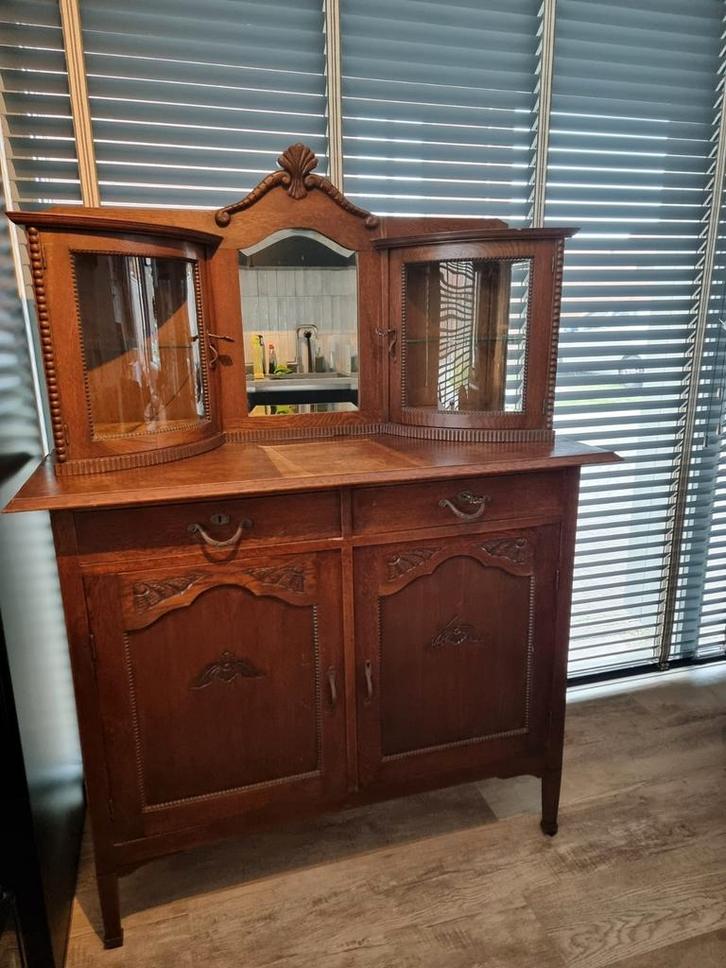 Vintage buffetkast met spiegel en vitrine, Antiek en Kunst, Antiek | Meubels | Kasten, Ophalen