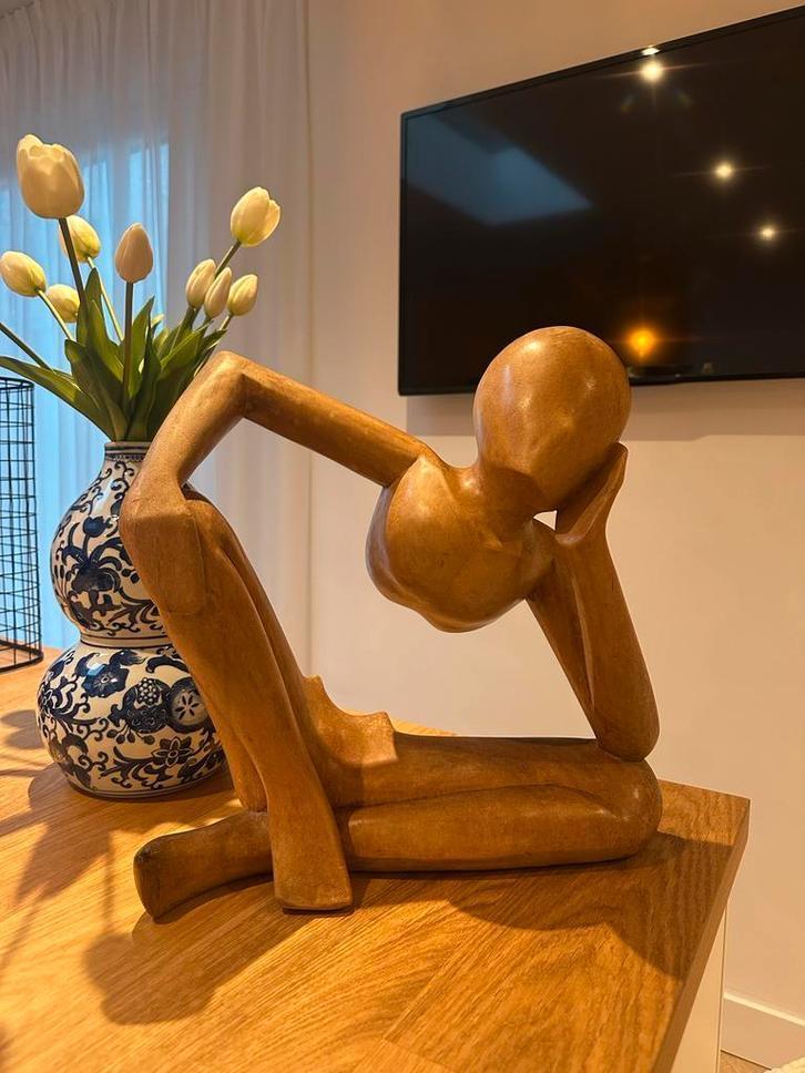 Abstract Houten Beeld 'De Denker' - Hout - Handgemaakt, Antiek en Kunst, Kunst | Beelden en Houtsnijwerken, Ophalen of Verzenden