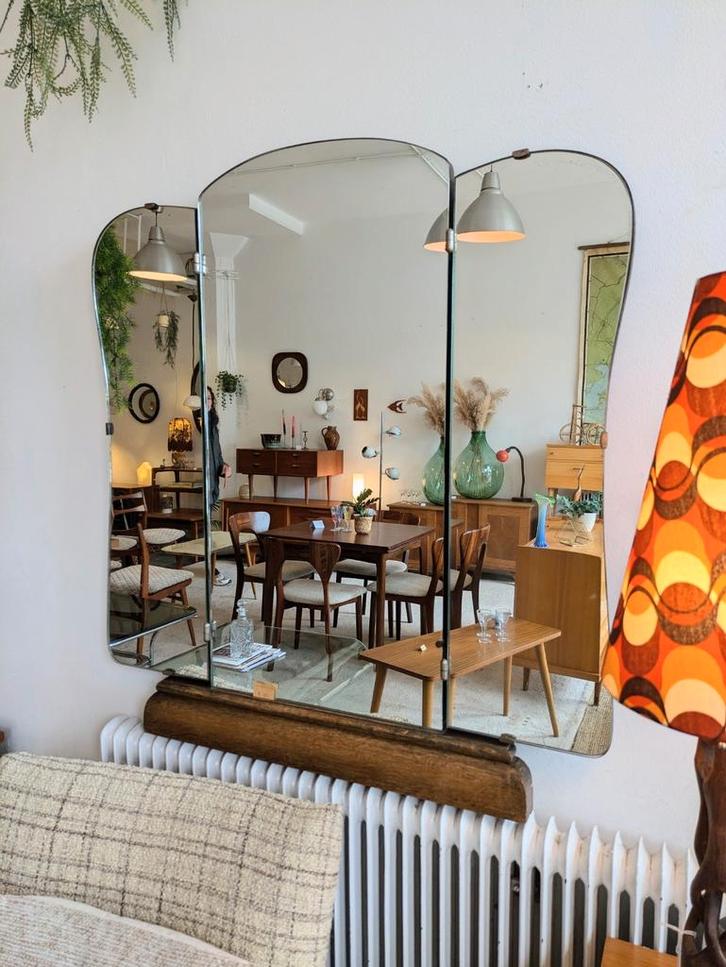Vintage retro drieluik spiegel, Huis en Inrichting, Woonaccessoires | Spiegels, Zo goed als nieuw, Minder dan 100 cm, Rechthoekig