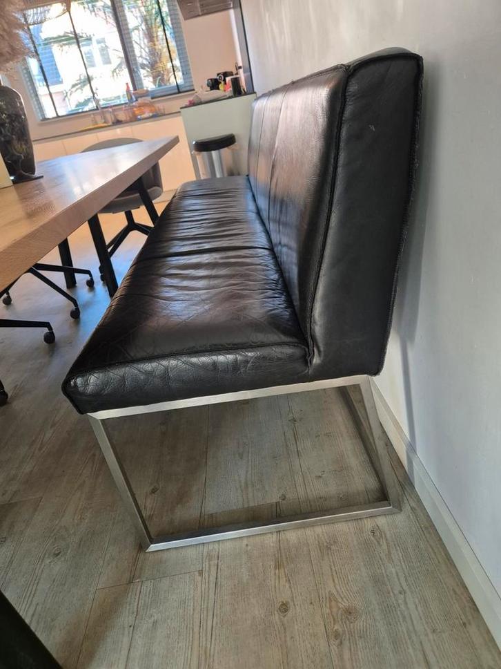 Zwart leren eetkamerbank 220 cm lang, Huis en Inrichting, Stoelen, Vijf, Zes of meer stoelen, Zwart, Ophalen