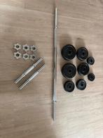 Halterstangen en gietijzeren gewichten (25KG aan schijven), Sport en Fitness, Fitnessmaterialen, Ophalen, Zo goed als nieuw, Rug