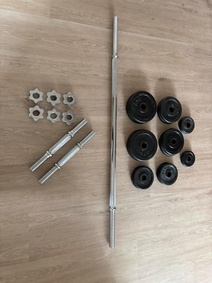 Halterstangen en gietijzeren gewichten (25KG aan schijven), Sport en Fitness, Fitnessmaterialen, Zo goed als nieuw, Halterset