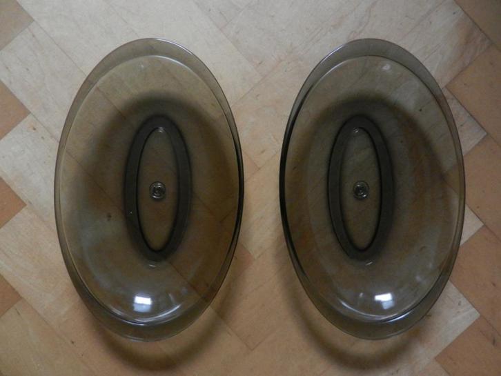 Copier, Leerdam twee ovale bruine schalen colopal, b 30,1 cm, Antiek en Kunst, Antiek | Glas en Kristal, Ophalen of Verzenden
