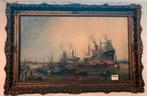 Schilderij Willem Bos haven gezicht Rotterdam olieverf doek, Antiek en Kunst, Ophalen of Verzenden