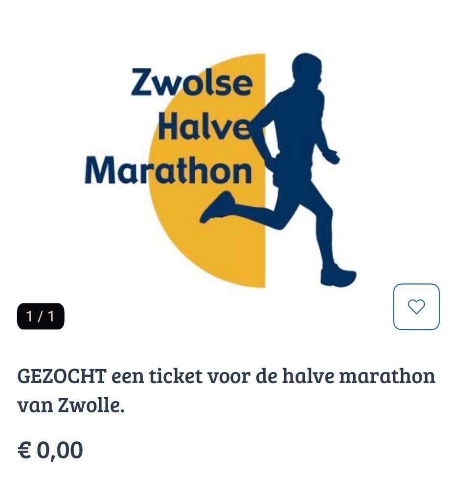 Gezocht! Een ticket voor de halve marathon van Zwolle!, Ophalen of Verzenden, Nieuw, Overige typen, Overige merken