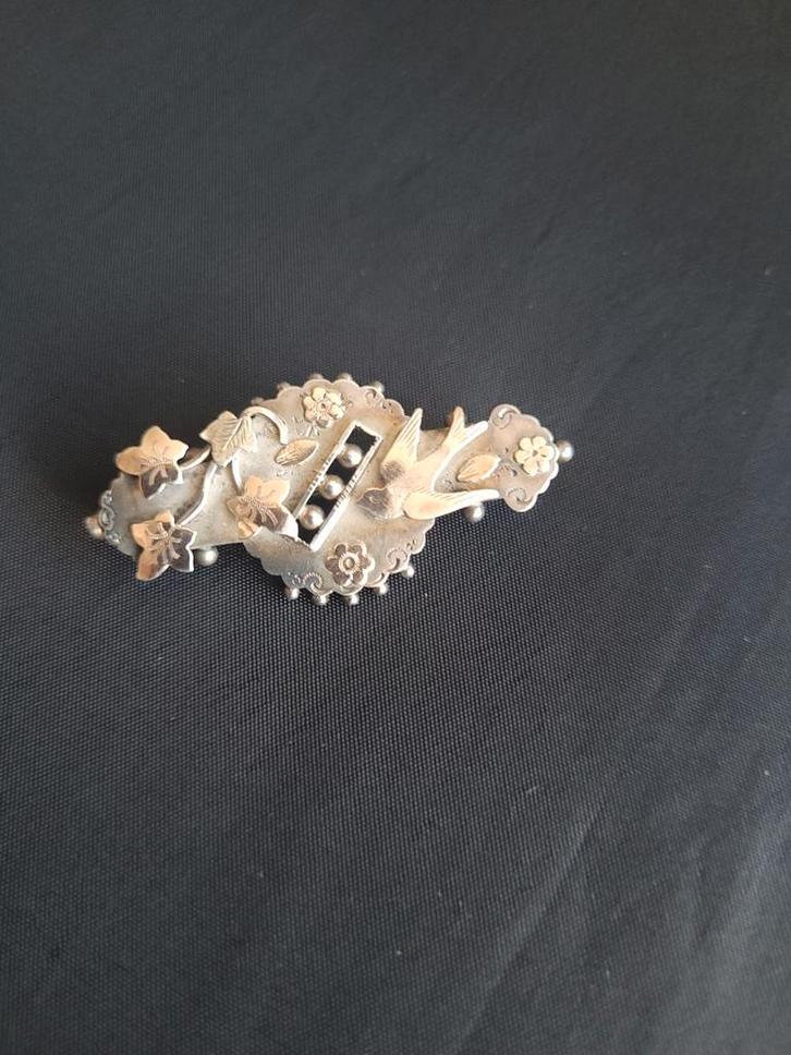 Victoriaanse Vintage Broche met Vogel en Bloemen, Sieraden, Tassen en Uiterlijk, Broches, Gebruikt, Zilver, Zilver, 4 tot 7 cm