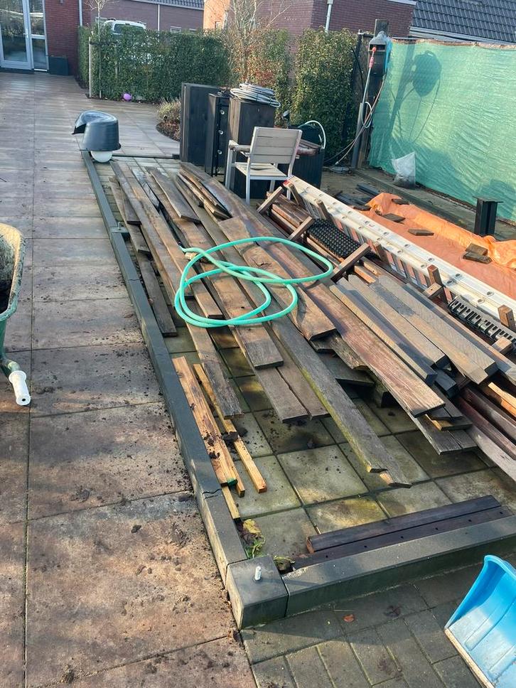 Partij eikenhout en palen, Doe-het-zelf en Verbouw, Hout en Planken, Gebruikt, Plank, Eiken, Minder dan 200 cm, Minder dan 25 mm