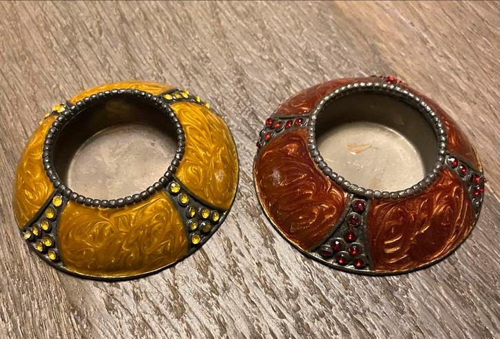 Waxinelichthouder Set -messing met emaille, Huis en Inrichting, Woonaccessoires | Kandelaars en Kaarsen, Gebruikt, Kandelaar, Minder dan 25 cm