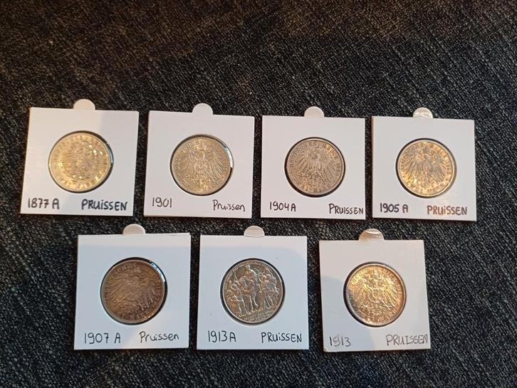 Set 7 Stuks 2 Mark Pruisen Duitsland Zilver, Postzegels en Munten, Munten | Europa | Niet-Euromunten, Setje, Duitsland, Zilver