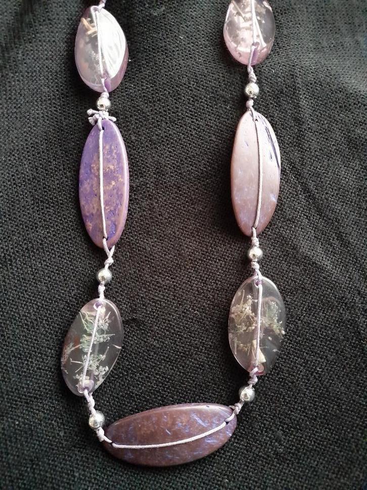 Waterdruppel ketting - Paars accent met droogbloemen, Sieraden, Tassen en Uiterlijk, Kettingen, Zo goed als nieuw, Overige materialen