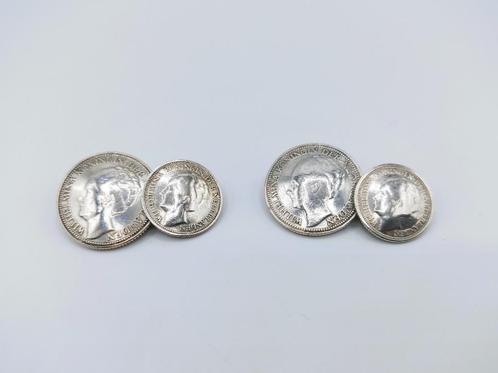 Zilveren manchetknopen gemaakt van 10 en 25 cent, Wilhelmina, Sieraden, Tassen en Uiterlijk, Manchetknopen, Zo goed als nieuw