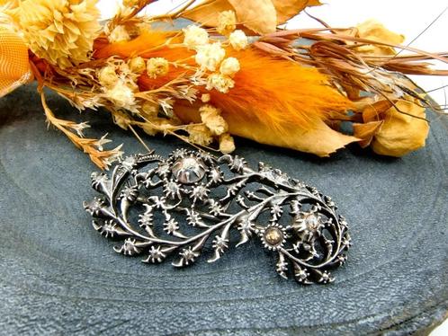 Zilveren veerbroche bezet met 19 roosdiamanten, 19e eeuws, Sieraden, Tassen en Uiterlijk, Antieke sieraden, Broche, Zilver, Met edelsteen
