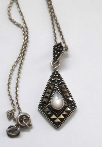 Art deco hanger markasieten, maansteen + ketting, zilver (79 beschikbaar voor biedingen