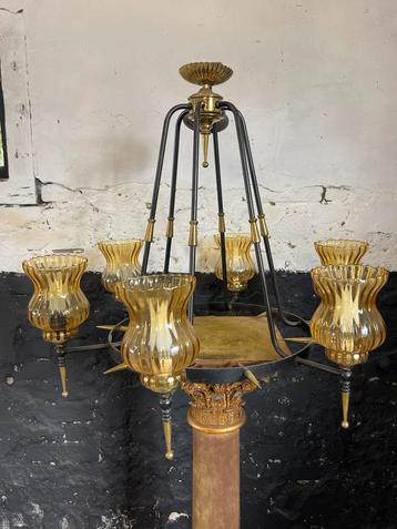 Vintage brutalist hanglamp luchter metaal amber glas messing beschikbaar voor biedingen