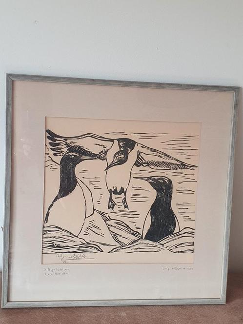 Houtsnede 3 zeekoeten Sillgrisslor Stora Karlsön, Antiek en Kunst, Kunst | Etsen en Gravures, Ophalen