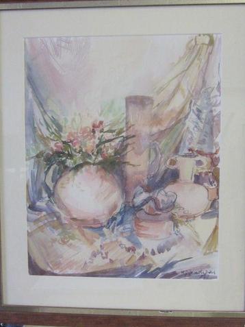 Aquarel - Stilleven met vazen en bloemen -, 1987 beschikbaar voor biedingen